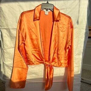 Vibrant Orange Satin Tie-Front Blouse